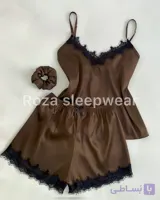ست تاپ و شورتک قهوه ای تک رنگ گیپور