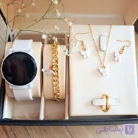 پک ساعت زنانه ال ای دی سفید رنگ ثابت نیم ست پروانه استیل رنگ ثابت دستبند پروانه  حلقه طلایی  روز دختر
