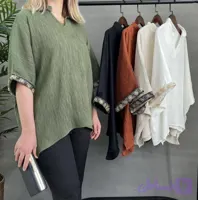 شومیز زنانه سفید کرم آستین کیمونو با نوار گلدوزی مشکی