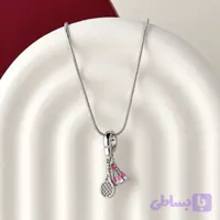گردنبند استیل آویزدار راکت و توپ بدمینتون صورتی سه بعدی نقره ای با زنجیر ماری (کد 97KXP)