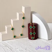 گردنبند و دستبند زنانه طرح ونکلیف پنج گل سبز طلایی