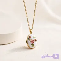 گردنبند استیل زنانه لاکت دایره ای بازشو میناکاری طرح گل طلایی
