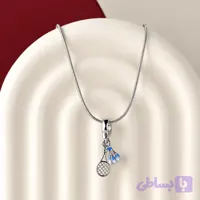 گردنبند استیل آویزدار راکت و توپ بدمینتون آبی سه بعدی نقره ای با زنجیر ماری