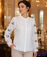 شومیز زنانه یقه ایستاده مدل آستین گلدوزی رز
