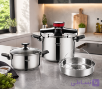 زودپز دوقلو کرکماز مدلprossa  با درب کلیپسی و سبد بخارپز 5و7لیتری