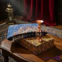 ست هدیه گلدان مسی مدل فیروزه کوبی 16 سانتی با ترمه اعلا
