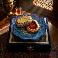 پک هدیه زعفران همراه با بشقاب ۲۵ میناکاری و جعبه خاتم کاری