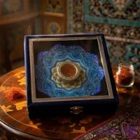 پک هدیه زعفران همراه با بشقاب ۱۶ میناکاری و جعبه خاتم کاری