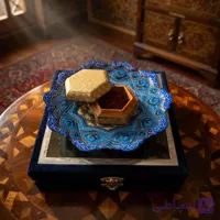 پک هدیه زعفران همراه با بشقاب ۲۰ میناکاری و جعبه خاتم کاری