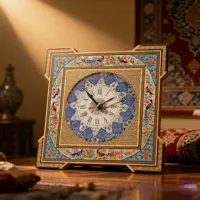 ساعت چهار گوش خاتم کاری طرح گل و بلبل ۴۲در۴۲