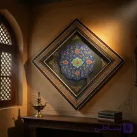بشقاب مس و پرداز همراه با قاب خاتم کاری مدل دوگل سایز ۳۳در۳۳