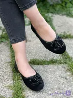بابت روفرشی مرواریدی شنل کفش مجلسی شیک سوییت مشکی پاپوش کالج مخمل زنانه ( 6900 )