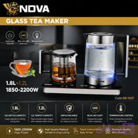 چای ساز نوا مدل ND-1027 شیشه‌ای با توان 2200 وات و ظرفیت 1.8 لیتر