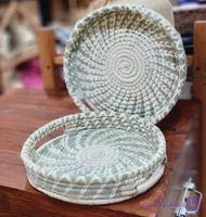 سینی حصیری دسته مخفی بافته شده با برگ خرما ۲۵ سانت مناسب پذیرایی نون میوه و اکسسوری