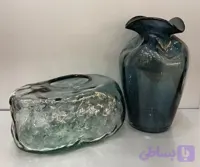 گلدان بلور طرح دالبر شیشه ای و جا دستمال کاغذی شیشه ای دفرمه / رنگ آبی آسمانی