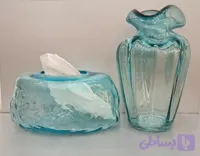 گلدان بلور طرح دالبر شیشه ای و جا دستمال کاغذی شیشه ای دفرمه / رنگ آبی آسمانی (کد KNNZ3)