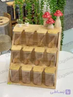 سرویس ادویه ۱۲ پارچه پیرکس با استند چوبی رابروود دو حالته