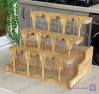 ست بانکه ادویه پیرکس ۱۲ عددی قاشق دار با استند رابروود طبقاتی