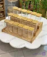 ست ادویه مربعی پیرکس وارداتی درب بامبو با استند سه پله رابر