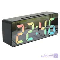 ساعت رومیزی دیجیتال مستطیل مدل COLORFUL MIRROR، نمایش زمان عددی، نمایش تاریخ و دمای محیط، آلارم الکترونیکی، منبع تغذیه باتری، نوع باتری نیم‌قلمی AAA، جنس بدنه پلاستیک، قطر صفحه 15 سانتی‌متر، وزن 0.116 کیلوگرم