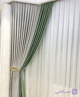 پرده پذیرایی حریر ساده و مخمل شانل رنگ کرم و سبز برای پنجره 6متری