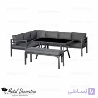 ست مبل ال فلزی 6 نفره فضای باز باغی بهمراه میز جلومبلی پایه بلند و نیمکت
