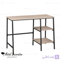 میز تحریر ساده و مینیمال اتاق مطالعه با طبقه کتابخانه بدنه فلزی و صفحه ام دی اف
