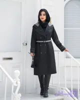 پالتو زنانه پرادو کلاه‌دار دو رنگ طوسی مشکی | مدل استایل جلو بسته دکمه دارتماما آسترکشی