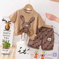 ست تیشرت و شلوارک پسرانه مدل "خرگوش چکرز" (پنبه اسپندکس وارداتی رنگ قهوه‌ای)مناسب 1 تا 5 سال