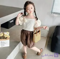 ست دو تیکه دخترانه وارداتی شومیز آستین پفی سفید با شلوارک سنبادی توپ توپی 1 تا 5 سال