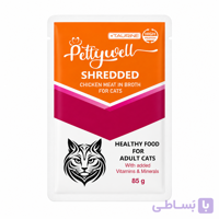 پوچ گربه برند پتی ول مدل مرغ ریش شده در آبگوشت وزن 85 گرم