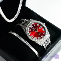 ست ساعت مچی طرح رولکس صفحه قرمز و دستبند فول نگین