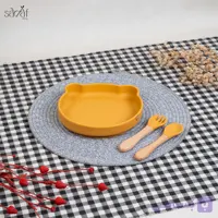 ظرف غذا کودک سیلیکونی ماکروویو + یک جفت قاشق و چنگال بامبو (ست سه عددی)