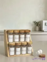 جا ادویه مکارتی 8 پارچه چوبی-شیشه‌ای طرح استند پلکانی
