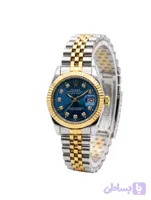 ساعت مچی زنانه رولکس (ROLEX) بند فلزی دو رنگ صفحه آبی نگین‌دار