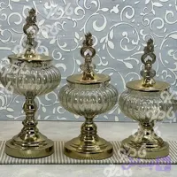 کندی، شکلات خوری خمره ای سایز کوچک از ۳ سایز، درب برنزی بلوری پایه فلزی آنتیک