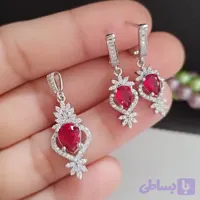 نیم ست نقره زنانه عیار 925 با نگین یاقوت سرخ سنتاتیک روکش طلا