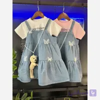 سه تیکه وارداتی سارافون جین و تیشرت دخترانه همراه با عروسک خرسی سایز 2 تا 8 سال