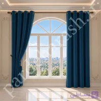 پرده آماده پانچی ، مدل مخمل دلاریس براق ، رنگ آبی نفتی تیره ، کد Delaris-30