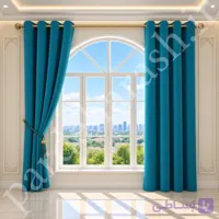 پرده آماده پانچی ، مدل هازان ایرانی ، رنگ آبی فیروزه ای تیره ، کد Hazan-1021