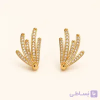 خرید گوشواره میخی زنانه بادبزنی نگین‌دار طلایی کد E105| میس‌گالری