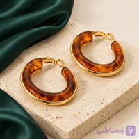 گوشواره زنانه حلقه‌ای رزین کهربایی کد ۴۰۱۵ | پاییزی طرح شیشه‌ای با فریم طلایی