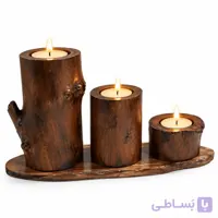 جاشمعی چوبی ۳ شعله طرح تنه درخت | استند شمع وارمر روستیک