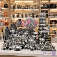سرویس ۹۶ پارچه روحی چکشی آشپزخانه با کتری قوری و سینی طرح مس | خرید اقساطی ترب و اسنپ