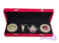 پک کادویی زعفران نگین، هل، شکوفه گل محمدی، هاون برنجی و قوری چینی