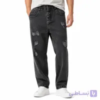 شلوار جین بگی مردانه زغالی واش‌شده – کمر کشی با پچ‌های پارگی (Charcoal Washed Baggy Denim)