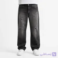 شلوار جین بگی مردانه مشکی دودی واش‌شده – پارگی ران و زانو (Faded Charcoal Baggy Denim)