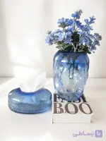 «ست گلدان و جا دستمال کاغذی شیشه‌ای آبی»