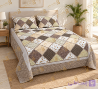 روتختی خلیجی دونفره ۳ تکه طرح چهل‌تکه کرم و قهوه‌ای
