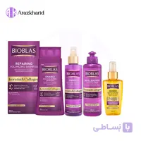 پک ضد ریزش و حجم دهنده ترمیم کننده بیوبلاس کراتین و کلاژن (شامپو 360 میل + اسپری دوفاز 200 میل + کرم مو بعد حمام 250 میل + روغن مو 100 میل)